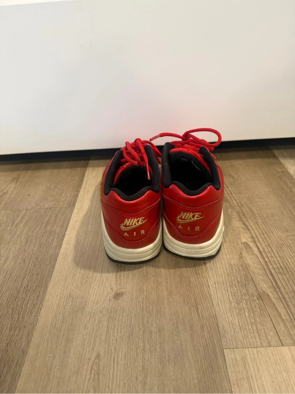 Nike Air Max 1 Gold Sequin Red Sneakers with Gold Swoosh women’s Size 6.5